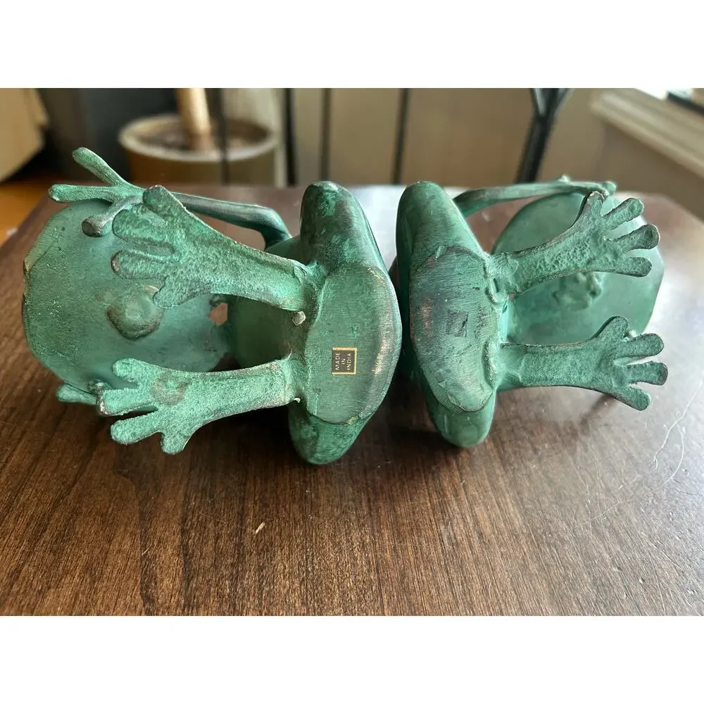 2 Vtg Unbranded Solid Brass Green Painted Frog Tabletop Candle Holder